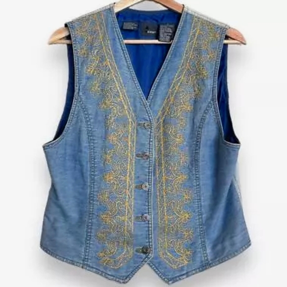 Vintage Liz Wear Gold Embroidered Denim Western Vest Women's Size M - Picture 1 of 3
